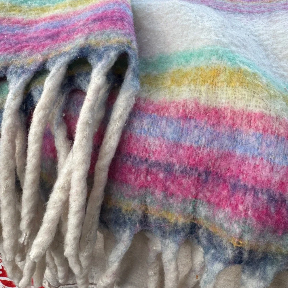 Free People Oversized Scarf Rainbow Stripe Pink Blue Boho Fringe Blanket Wrap